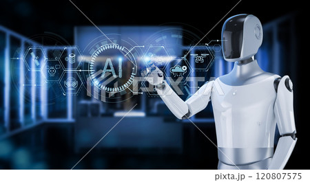 Ai technology with humanoid robot with hud graphic interface 120807575