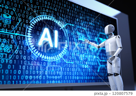 Ai technology with humanoid robot with hud graphic interface Ai technology with humanoid robot with hud graphic interface 120807579