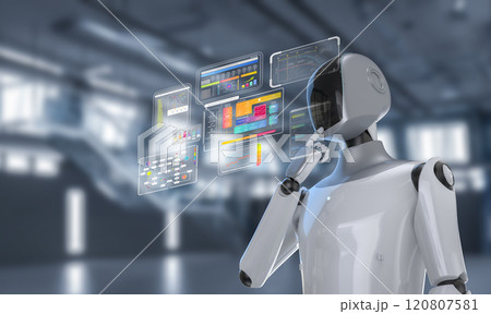 Ai technology with humanoid robot with hud graphic interface Ai technology with humanoid robot with hud graphic interface 120807581