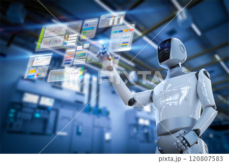 Ai technology with humanoid robot with hud graphic interface 120807583