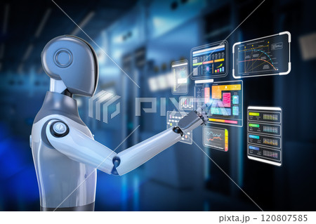 Ai technology with humanoid robot with hud graphic interface 120807585