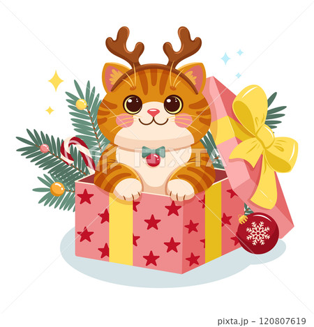 Vector illustration of adorable Christmas orange cat sitting in a festive gift box adorned with stars and ribbons 120807619