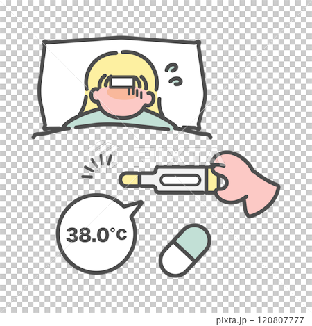 体調を崩すシンプルな線画女性　イラスト 120807777