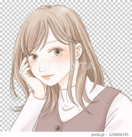 A medium-haired woman with brown hair smiling while leaning on her chin A medium-haired woman with brown hair smiling while leaning on her chin 120808145