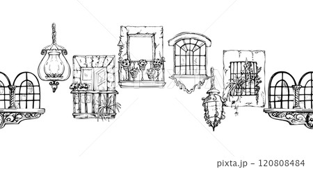 Mexican Mediterranean Moroccan window frame balcony, house plants, architectural facade exterior. Hand drawn ink vector illustration. Isolated seamless banner. Design travel, home decor brochure 120808484