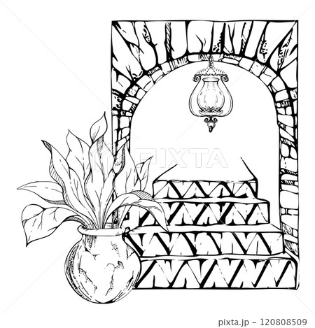 Patio garden arch opening portal, geometric azulejo wall tiles, stairs potted plant, hanging cast iron lantern. Hand drawn ink vector illustration. Isolated single element for travel, home yard decor 120808509