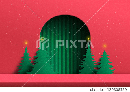 Merry Christmas and Happy new year background. Red background decorated with christmas tree and stars..Paper art vector illustration. Merry Christmas and Happy new year background. Red background decorated with christmas tree and stars..Paper art vector illustration. 120808529