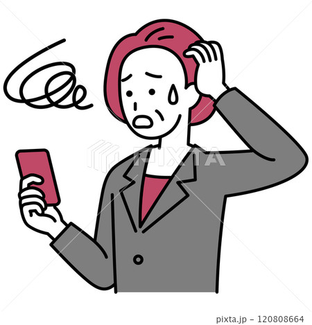 スマートフォンの操作でトラブルになる中年のスーツの女性 120808664