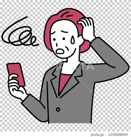 スマートフォンの操作でトラブルになる中年のスーツの女性 120808664