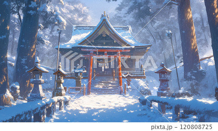雪景色の中の幻想的な美しい神社 120808725