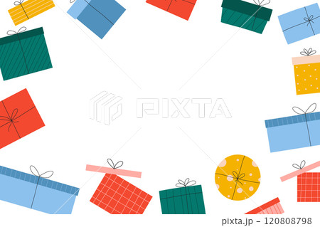 Template with gifts and place for text. Greeting card for birthday and new proud with textbox. Vector illustration. Banner with empty space for text. Template with gifts and place for text. Greeting card for birthday and new proud with textbox. Vector illustration. Banner with empty space for text. 120808798