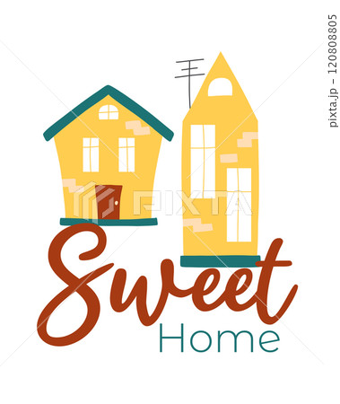 Sweet home postcard. Vector illustration with houses in boho style. Flat style. Postcard with sweet home lettering. 120808805