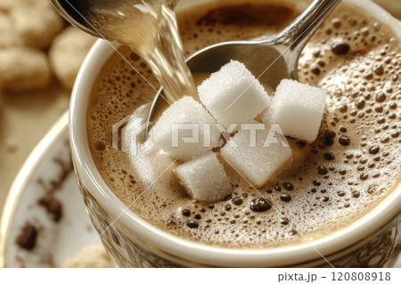 Person adding sugar with a spoon to cup of fresh aromatic coffee. Close up of teaspoon putting brown sugar cubes into hot drink mug and pouring water. Sugar Being Poured into Cup of Coffee, Close-Up 120808918