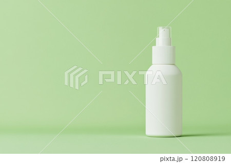 White Beauty Products Bottle Packaging Mockup. Pale green background. Blank cosmetic jar standing on olive color backdrop. Cosmetics cream tube. Skin care product presentation. Mock up. Skincare, spa. 120808919