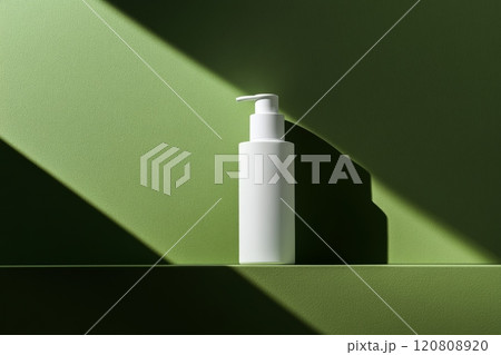 White cosmetic plastic bottle with pump packaging for cream, lotion, medicine, shampoo or liquid soap isolated on pastel pale green background. Blank skincare beauty product tube template. Empty jar 120808920