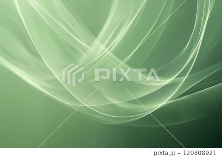 Abstract mute green liquid metal background. Holographic techno smooth gradient waves industrial backdrop. Shining bent surface with ripples, reflections. Swirl green fluid melting wavy flowing motion 120808921