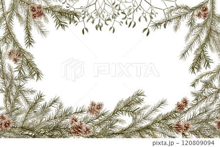 Vintage Christmas rectangular frame of spruce branches with pinecones and mistletoe branches as a symbol of holiday,miracle.Watercolor template on white background for cards,invitations,greetings 120809094