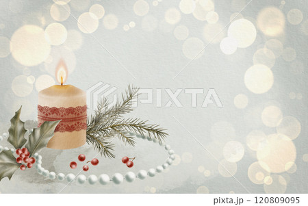Vintage Christmas template grey background with bokeh candle and pearl beads,red openwork lace ribbon,holly,berries and spruce sprigs.Hand drawn illustration for greetings,cards.invitations 120809095