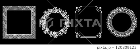 Set of decorative frames Elegant vector element for design in Eastern style, place for text. Floral black and white borders. Lace illustration for invitations and greeting cards. Set of decorative frames Elegant vector element for design in Eastern style, place for text. Floral black and white borders. Lace illustration for invitations and greeting cards. 120809123