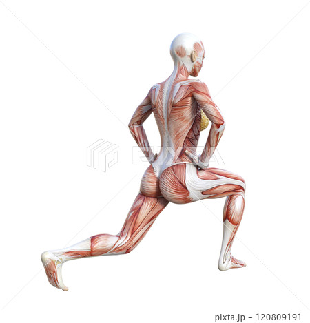 筋肉解剖図の女性がスプリットスクワットをする斜め後ろ向き全身3Dイラスト 120809191