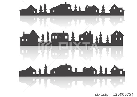 Town and village houses on skyline. Silhouette of small buildings in neighborhood on white background. Christmas rural simple drawing. Winter country landscape with trees in night. Vector Town and village houses on skyline. Silhouette of small buildings in neighborhood on white background. Christmas rural simple drawing. Winter country landscape with trees in night. Vector 120809754