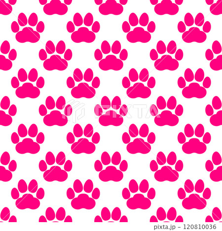 Pink paw print seamless repeating background pattern. Cat or dog footprints. Vector illustration.  120810036