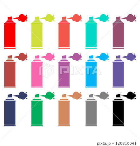 A set of color spray paint cans. Multicolored icons of aerosol cylinders. Isolated vector illustrations on white background. 120810041