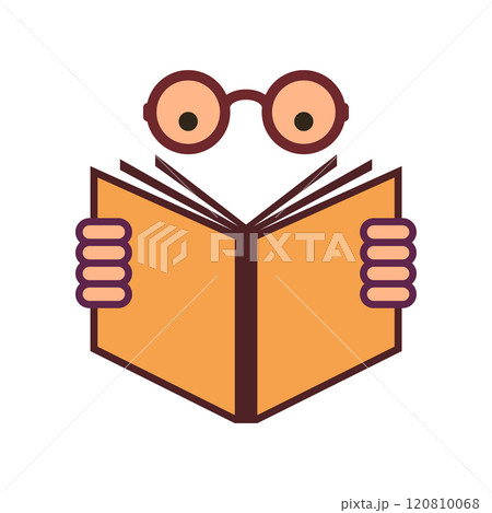 Reading book icon. Man with glasses reading a book. Colored vector illustration. 120810068