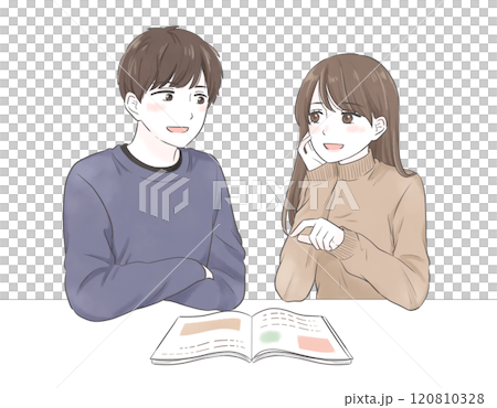 一對夫婦在查看目錄時進行諮詢的插圖 120810328