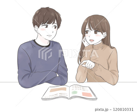 不安そうな顔でカタログを見ながら会話をするカップルイラスト 不安そうな顔でカタログを見ながら会話をするカップルイラスト 120810331