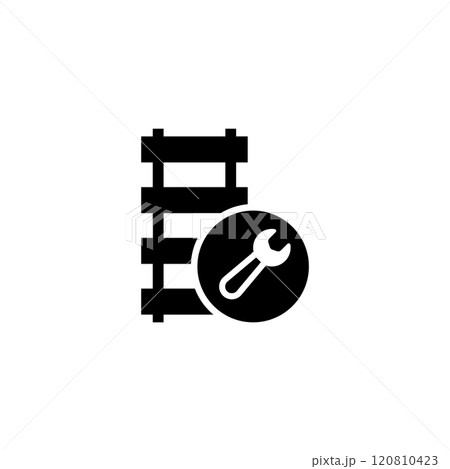 Black vector icon of a rail track and wrench, symbolizing railway maintenance 120810423