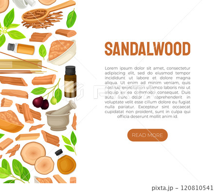 Sandalwood Banner Design with Fragrant Sticks and Essential Oil Vector Template 120810541