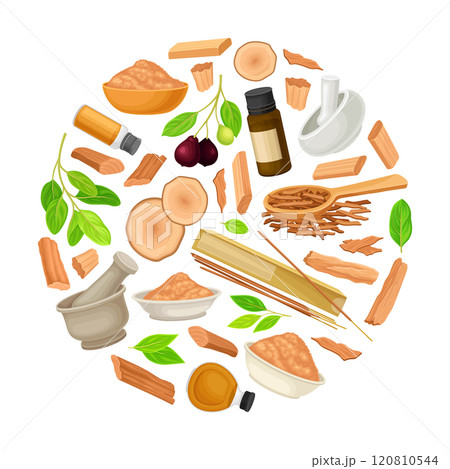 Sandalwood Round Composition Design with Fragrant Sticks and Essential Oil Vector Template Sandalwood Round Composition Design with Fragrant Sticks and Essential Oil Vector Template 120810544
