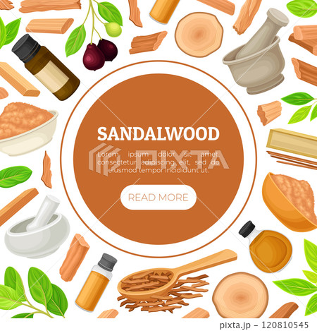 Sandalwood Banner Design with Fragrant Sticks and Essential Oil Vector Template 120810545