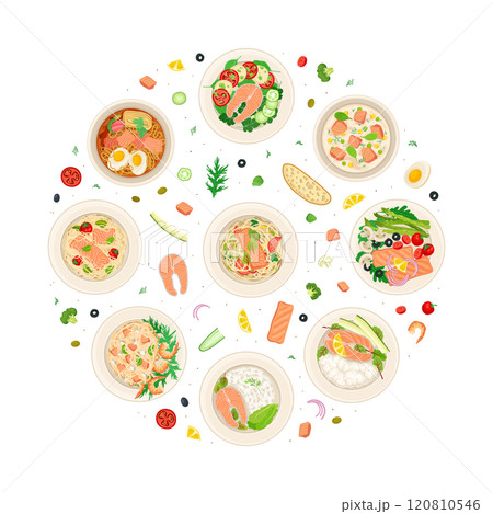 Delicious Salmon Dish Round Composition Design with Food Served on Plate Vector Template 120810546