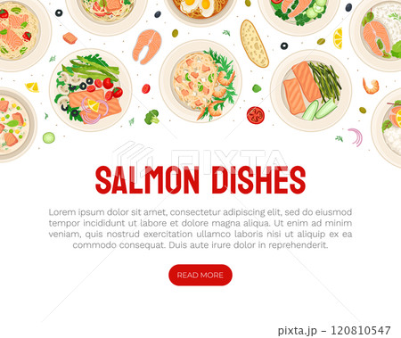 Delicious Salmon Dish Banner Design with Food Served on Plate Vector Template 120810547