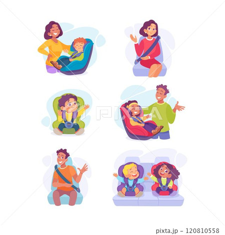 Little Boy and Girl on Seat with Safety Belt with Man and Woman Vector Illustration Set 120810558