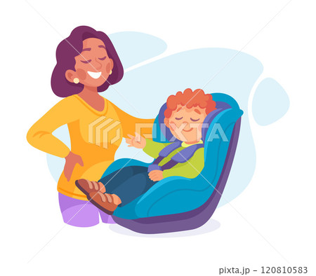 Little Boy on Seat with Safety Belt Vector Illustration 120810583
