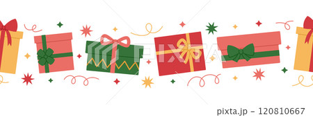 Horizontal border made from colorful gift boxes with bows. Holiday presents. Christmas or birthday repeating template for banner, packaging. Vector flat illustration isolated on white background Horizontal border made from colorful gift boxes with bows. Holiday presents. Christmas or birthday repeating template for banner, packaging. Vector flat illustration isolated on white background 120810667