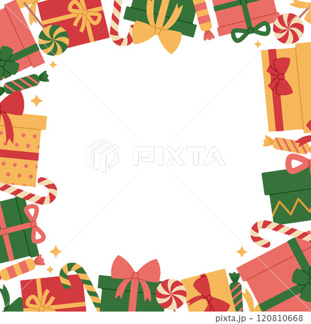 Square frame made from colorful gift boxes with bows and sweets. Holiday presents. Christmas template for banner, greeting card. Vector flat illustration isolated on white background 120810668
