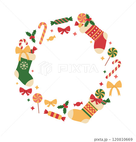 Circle frame made from colorful Christmas stockings and sweets. Xmas and New Year gifts. Holiday template for banner, greeting card. Vector flat illustration isolated on white background 120810669