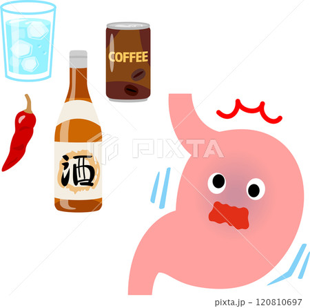 刺激の強い食べ物と驚く胃のキャラクター 120810697