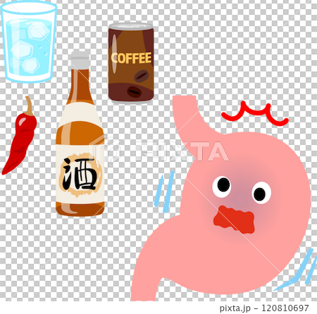 刺激の強い食べ物と驚く胃のキャラクター 120810697