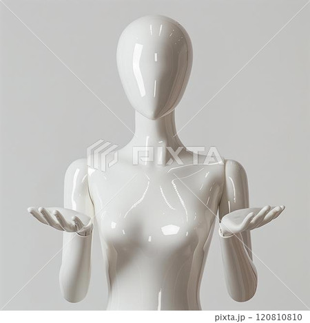 White faceless mannequin female presenting open hand gesture, retail clothing store fashion 120810810