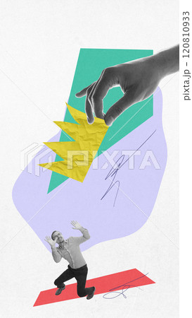 Hand with crown reaching down toward man, representing external pressure, control. Avoiding responsibility. Contemporary art collage. Hand with crown reaching down toward man, representing external pressure, control. Avoiding responsibility. Contemporary art collage. 120810933