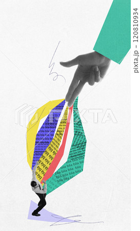 Businessman trying to escape colorful text blocks, representing freedom from overwhelming communication and tasks. Contemporary art collage. Businessman trying to escape colorful text blocks, representing freedom from overwhelming communication and tasks. Contemporary art collage. 120810934