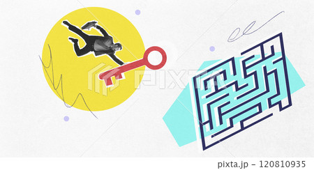 Businessman holding key leaping towards maze, symbolizing problem-solving, challenges, and success. Contemporary art collage. Businessman holding key leaping towards maze, symbolizing problem-solving, challenges, and success. Contemporary art collage. 120810935