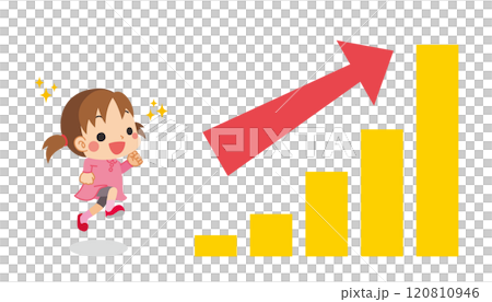 一個可愛的小女孩和上升圖、白色背景、向量剪貼畫的插圖 120810946