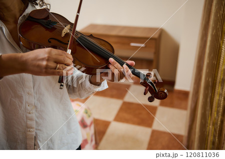 Close-up of person playing a violin with focus on hands and instrument Close-up of person playing a violin with focus on hands and instrument 120811036