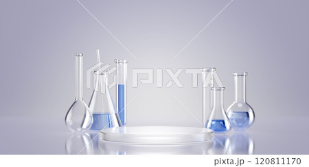 3d render lab glassware with blue liquid and podium. Clear laboratory equipment setting for scientific experiments. Beakers and flasks with glass product platform for chemistry or cosmetology. 120811170